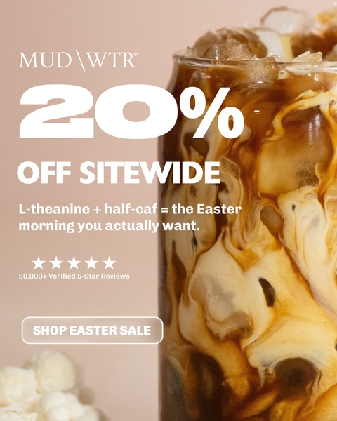 A high-contrast promotional image showcasing a coffee beverage with an overlay for a 20% off sitewide holiday sale.