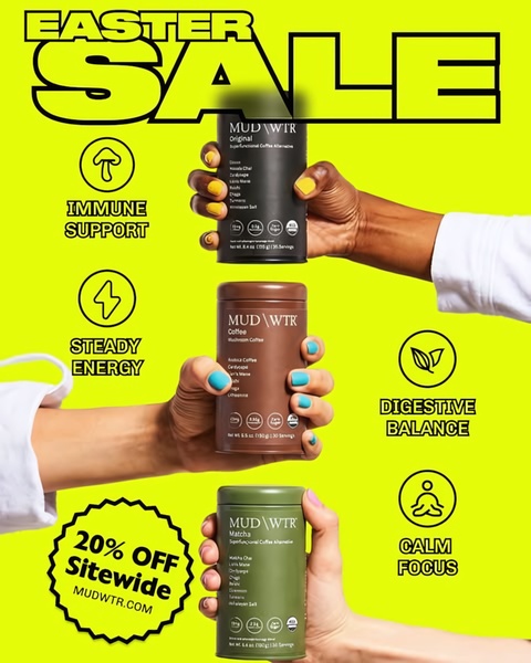 A high-contrast 4:5 advertisement featuring three distinct mushroom coffee product canisters held in hand, highlighting key health benefits and a sitewide discount.