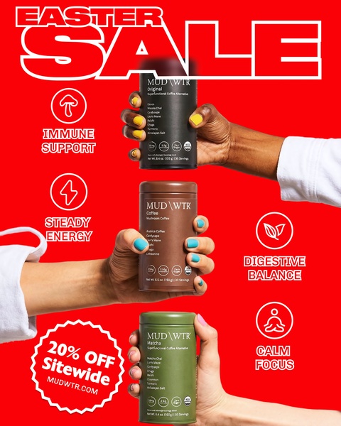 Vertical Easter sale ad with several hands holding mushroom coffee products on a bold red background, with white type and line icons for immune support, energy, digestion and focus