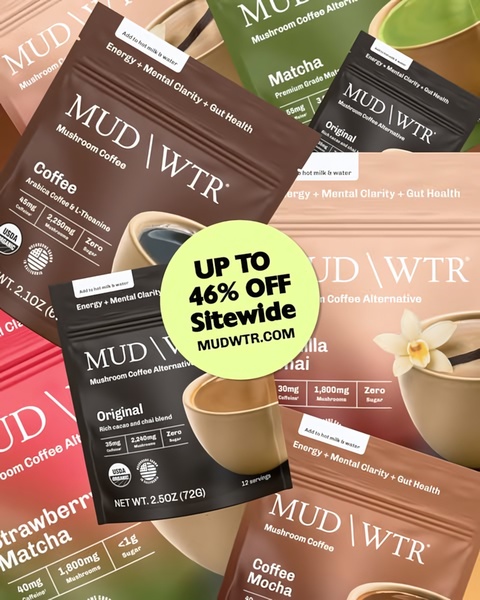 A 4:5 social media creative displaying multiple mushroom coffee product bags layered behind a central yellow circle containing a sitewide discount offer.