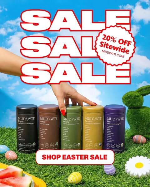 A festive product showcase displaying the brand's beverage line against an outdoor Easter-themed background with bold sale typography.