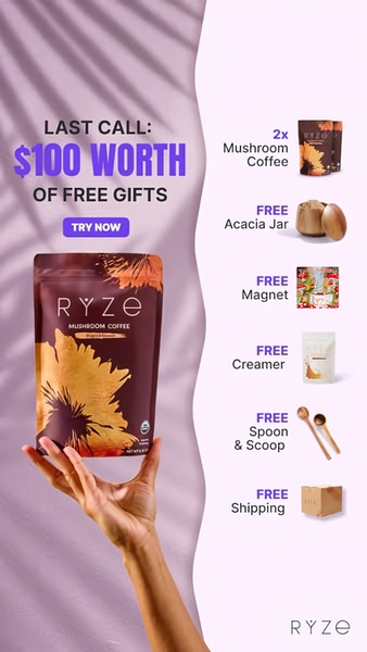 A high-conversion 9:16 ad creative showcasing a mushroom coffee product with a breakdown of six individual free gifts included in the bundle.