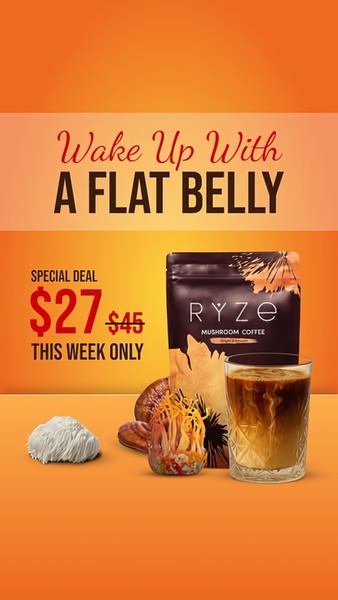A vertical social media creative featuring a product offer for mushroom coffee that combines a strong health benefit hook with a clear price-drop incentive.