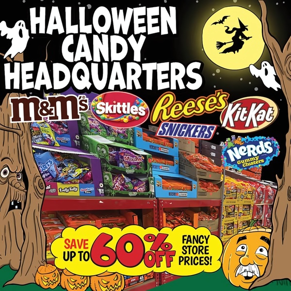 halloween candy, candy, chocolate, trick or treat candy, seasonal candy, candy assortment, holiday sweets, sale promotion, modern typography, playful, yellow, red, halloween