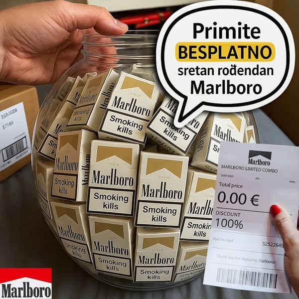 A high-contrast ad featuring a large glass jar filled with cigarette packs and a 100% discount receipt to highlight a promotional offer.