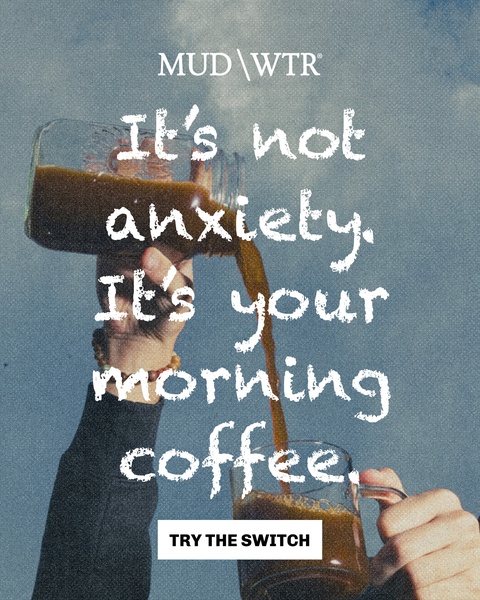 A high-contrast visual showing coffee being poured into a mug with text overlay that reframes the viewer's anxiety as a result of their morning coffee habits.