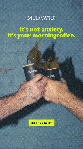 A high-contrast 9:16 vertical image showing two hands clinking cups, with a splash of coffee and bold text framing the drink as a source of anxiety.