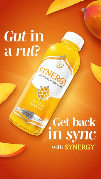 A vertical 9:16 ad featuring a single bottle of kombucha surrounded by fresh mango slices on an orange background, posing a clear question to the consumer about digestive health.