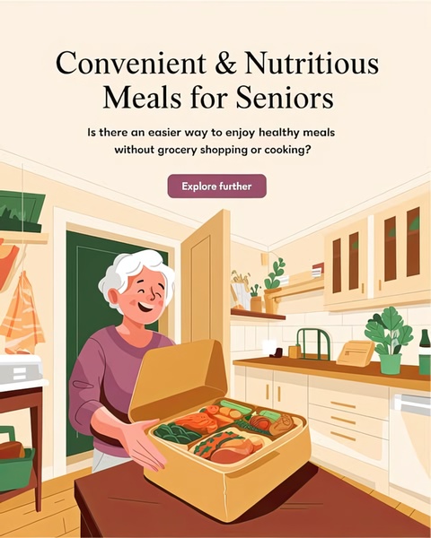 An illustrative ad showing a senior receiving a pre-packaged meal box at their doorstep, highlighting the convenience of meal delivery services.