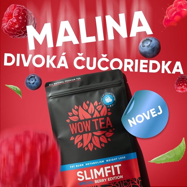 A high-contrast 1:1 square graphic showing a bag of berry tea surrounded by floating raspberries and blueberries, emphasizing natural ingredients.