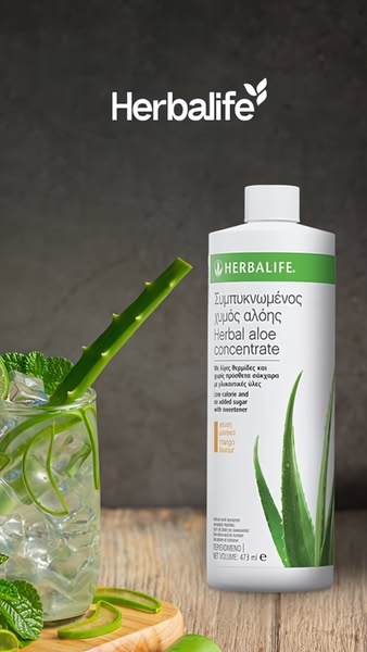 A clean, high-contrast hero shot of a Herbalife aloe concentrate bottle placed next to a refreshing iced beverage with fresh aloe and mint leaves.