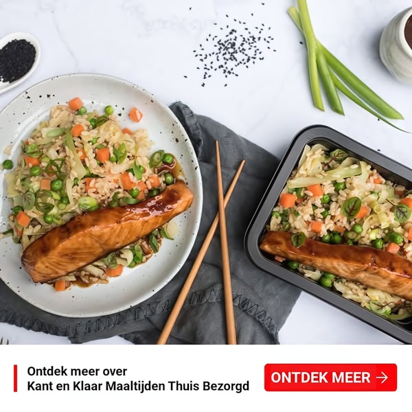 A high-angle studio shot showcasing a gourmet salmon and rice meal in both a serving plate and a takeaway container, suggesting convenience and quality.