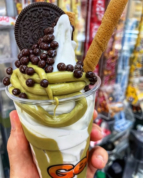 A close-up vertical hero shot of a matcha soft serve ice cream cup topped with a cookie and chocolate balls, emphasizing texture and indulgence.