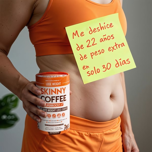 A close-up of a person holding a tub of weight loss coffee, featuring a handwritten sticky note detailing a personal transformation result.