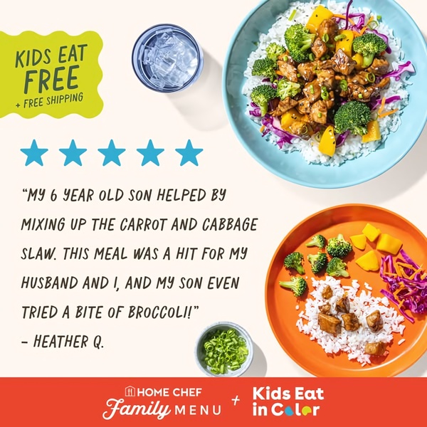 A square-format ad featuring a positive customer review alongside a high-quality product shot of a meal kit dish, highlighting a family-friendly offer.