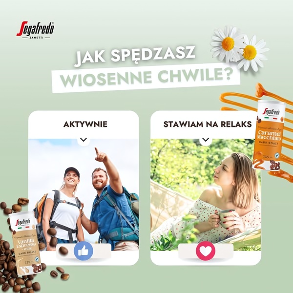 A split-screen, 1:1 format ad asking users how they spend their spring, featuring iced coffee products for active and relaxed lifestyles.