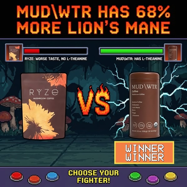A square-ratio ad creative featuring a 16-bit retro gaming aesthetic that compares the nutritional profiles of two mushroom coffee products.