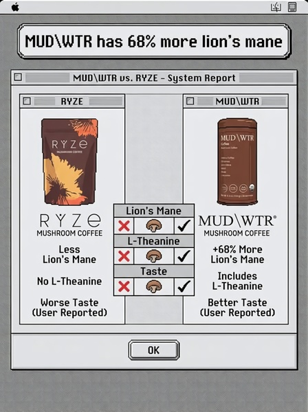 A side-by-side comparison chart styled as a retro computer interface to differentiate mushroom coffee brands through specific ingredient metrics.