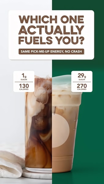 A split-screen comparison creative that pits a lower-calorie beverage against a generic high-sugar alternative to highlight nutritional value.