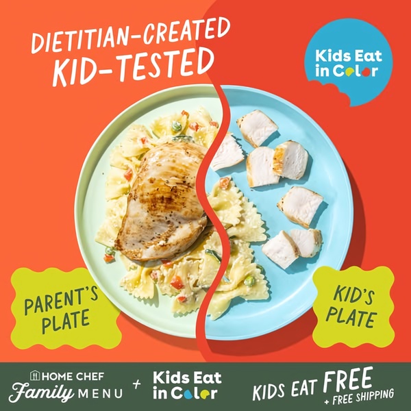 A 1:1 format ad creative using a split-screen layout to show how a meal kit product serves both parents and children differently.