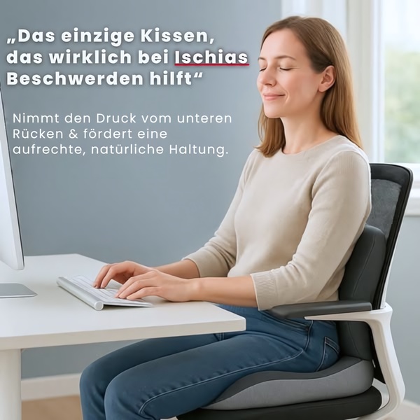 A clean, bright lifestyle shot of a woman using an orthopedic seat cushion while working at a computer, overlaid with pain-relieving value propositions.