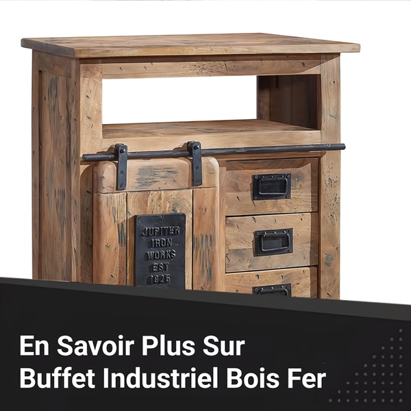 A clean, centered product shot of an industrial-style buffet with sliding barn-door detail and iron hardware on a white background.