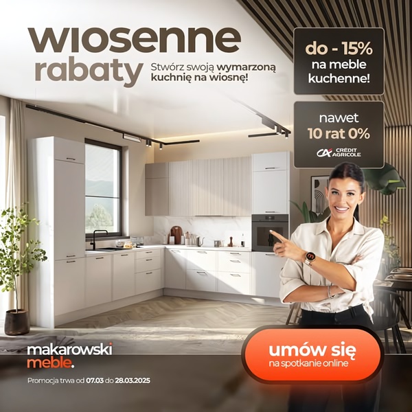 A high-conversion 1:1 square ad featuring a kitchen interior, a human spokesperson, and a clear discount offer for seasonal furniture sales.