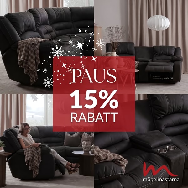 A 1x1 social media ad displaying a luxury sectional sofa in four different angles with a central red discount overlay.