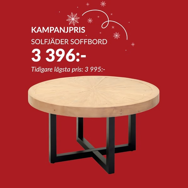 This 1:1 square ad creative features a seasonal furniture discount with a bold red background and clear pricing information for a coffee table.