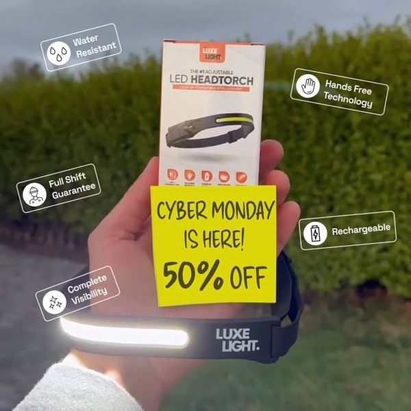 A top-down view of an LED headtorch being held in front of a box, with overlay labels highlighting key features and a clear 50% off discount sticky note.