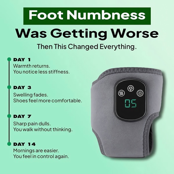This static square creative uses a step-by-step 14-day progress timeline to visualize how the product helps alleviate foot numbness.