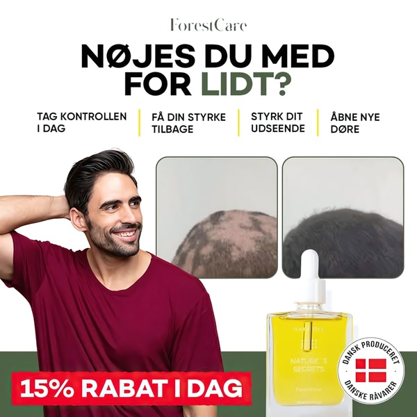 A square-format ad featuring a direct visual comparison of hair density improvement alongside the product bottle and a strong headline.