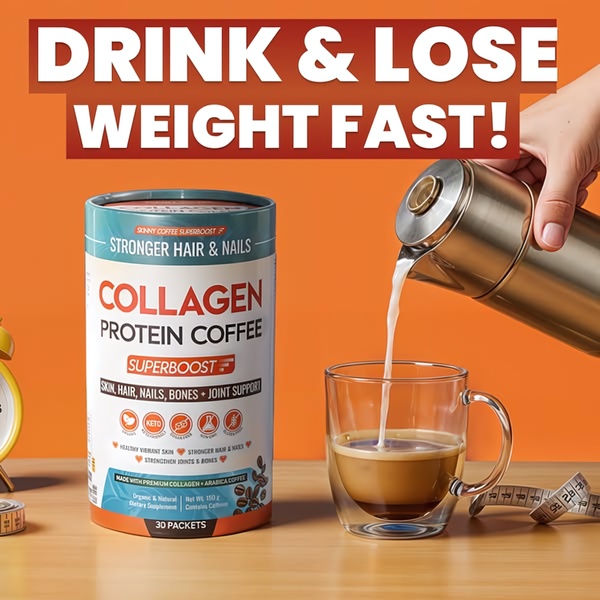 This static square creative uses a bold, direct promise and high-contrast visual to stop the scroll, featuring a clean pour shot of collagen coffee.