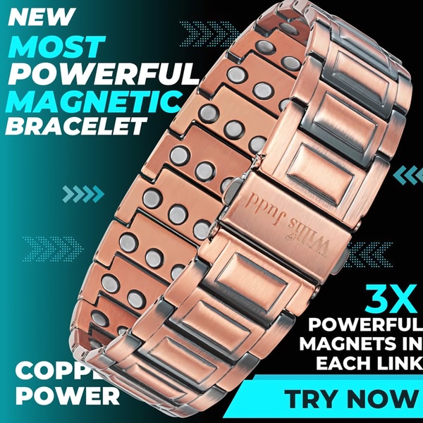 A high-contrast, text-heavy creative showcasing a magnetic bracelet with bold claims about its power and benefits.