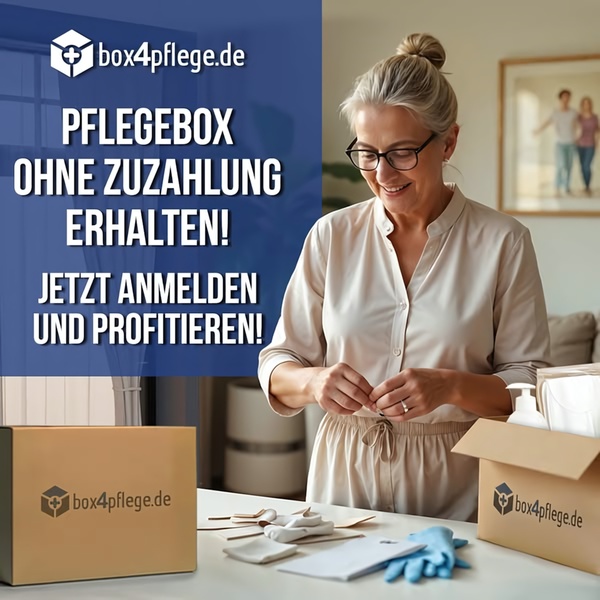 A clear, benefit-driven ad layout highlighting a no-cost Pflegebox offer with a clean, trustworthy aesthetic suitable for older demographics.