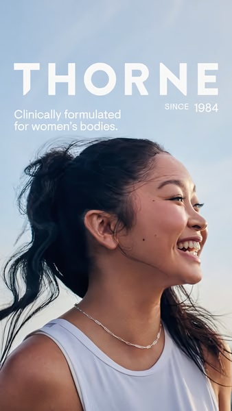 A vertical ad featuring a smiling woman at golden hour, focusing on clinical formulation and brand authority for supplement products.