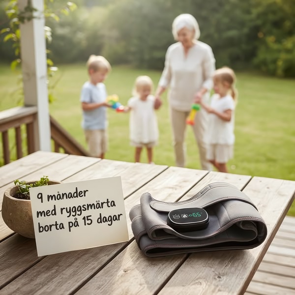 A 1:1 image featuring a back pain relief belt on a wooden table with a handwritten sign promising relief from 9 months of pain in just 15 days.