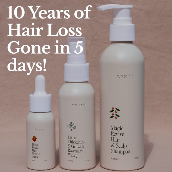 A clean, studio-lit shot of a three-piece hair treatment set paired with a bold, high-contrast headline promising rapid results.