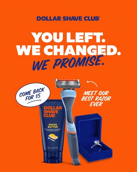 A high-contrast retention ad featuring a razor, shave butter, and an engagement-style ring box to signify a brand recommitment.