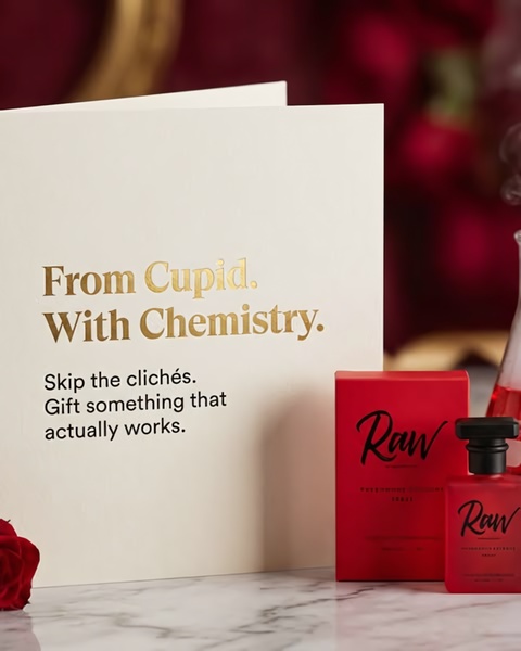 A minimalist, high-end product display for a pheromone spray, featuring a gift card and a rose, set against a deep red, luxurious background.