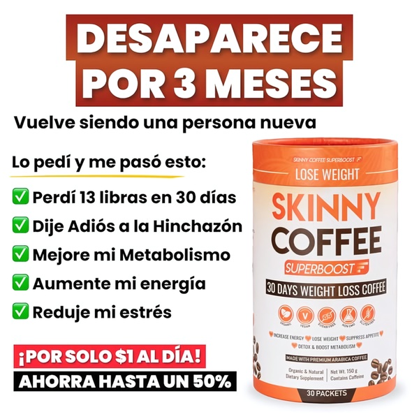 A square-format static ad for skinny coffee featuring a bold problem-solution headline and a bulleted list of weight loss results.
