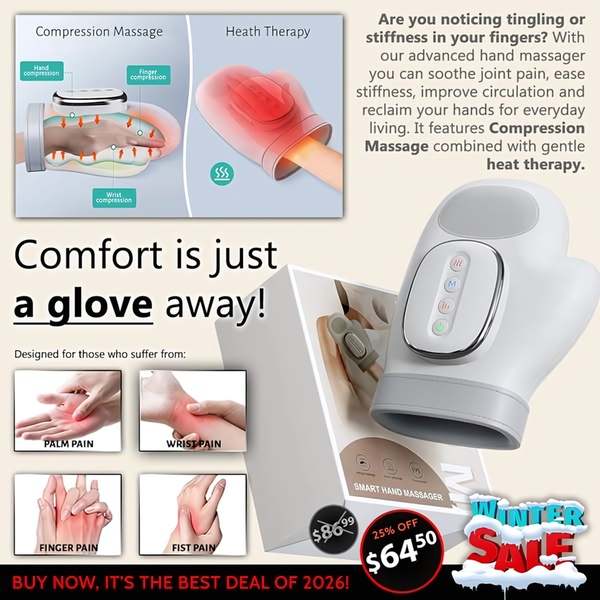 A square ad creative utilizing a clear, medical-informed diagram of hand pain points combined with a direct product value proposition.