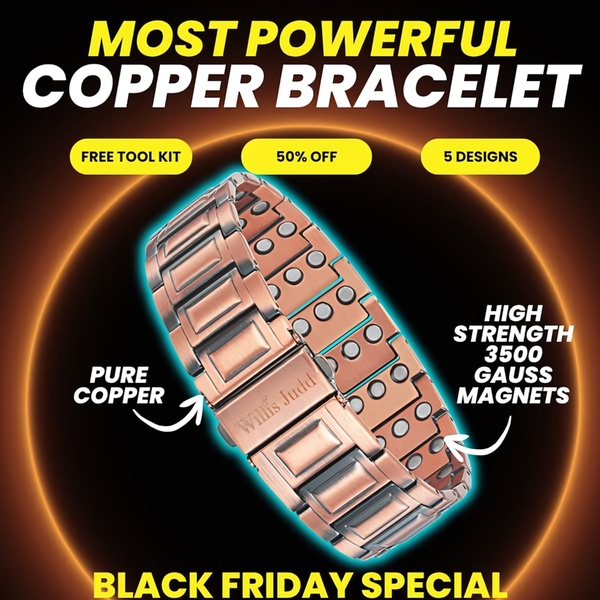 A high-contrast, feature-focused ad for a magnetic copper bracelet, emphasizing product benefits like strength and design variety.