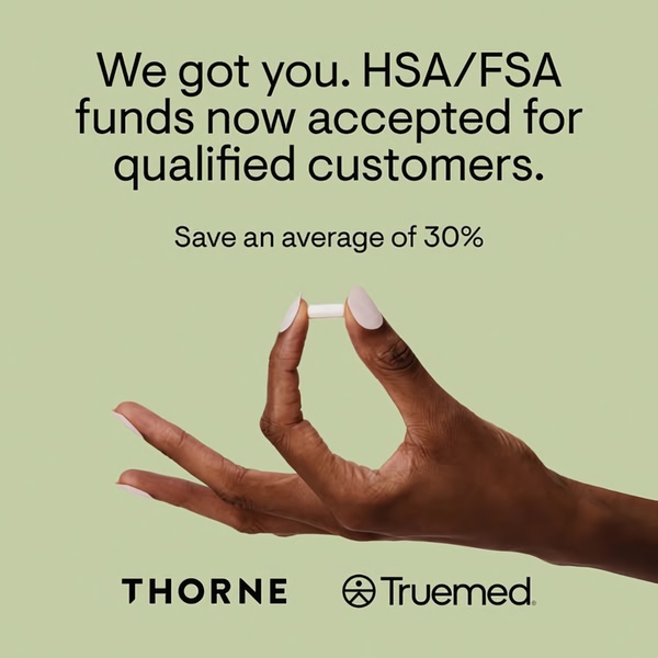 A minimalist, high-contrast ad featuring a hand holding a single supplement capsule, with clear text highlighting HSA/FSA eligibility and cost savings.
