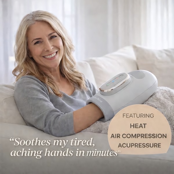 A lifestyle shot featuring a happy customer using a hand massager, highlighting its key therapeutic benefits like heat and acupressure.