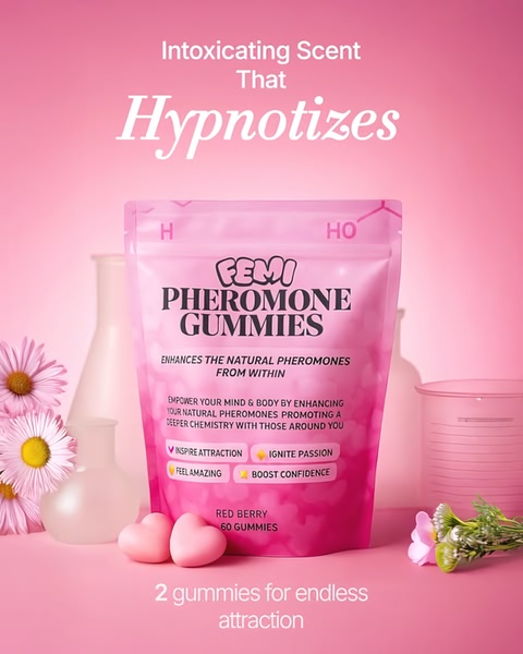 pheromone gummies, attraction supplements, confidence gummies, pheromone candy, attraction enhancer, wellness gummies, supplement gummies, product launch, brand awareness, minimalist, playful, warm, pink