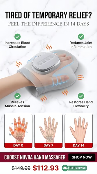 This static ad showcases a hand massager device alongside anatomical illustrations that demonstrate the physiological benefits over a 14-day recovery period.