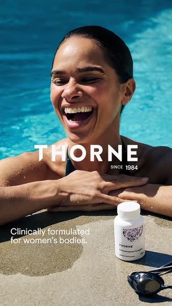 A high-quality lifestyle shot featuring a woman by a pool with the supplement bottle, emphasizing the clinically formulated benefit.