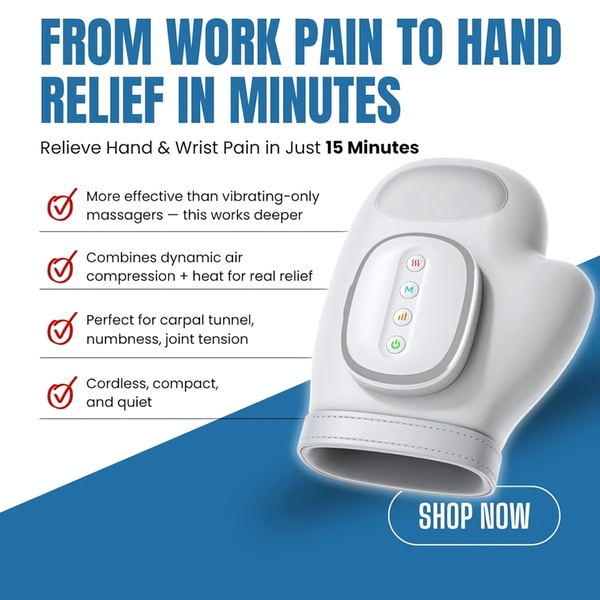 A clean, benefits-driven ad featuring a hand massager with a clear problem-solution framing and a four-point feature summary.