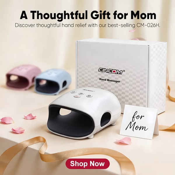 This ad creative uses a clean, gift-focused aesthetic to showcase a hand massager, positioning the product as a thoughtful solution for pain relief.
